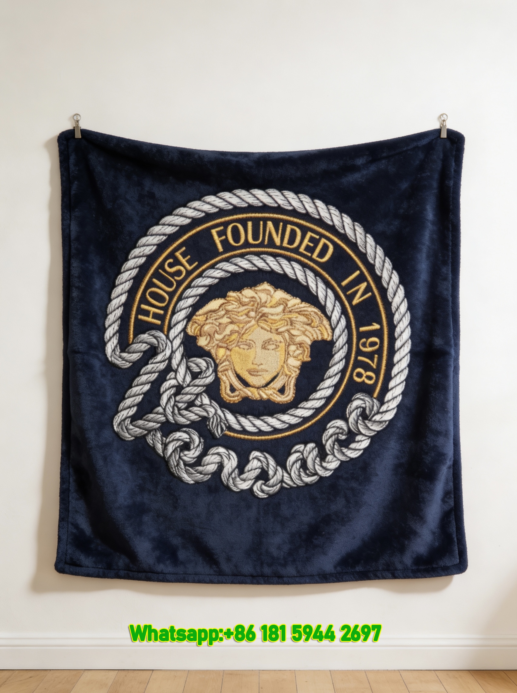 Versace Navy Blue Gold Medusa House Founded In 1978 Printed Flannel Throw Blanket IMG_1294